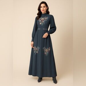 Vilshenko Embroidered Maxi Dress • Navy Folk Floral • Size 8